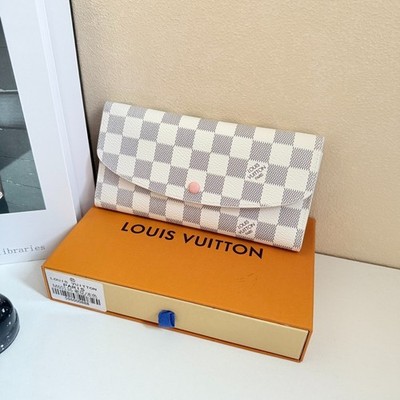 Louis Vuitton Emilie Wallet Damier Azur White Checker Canvas Pink Button 