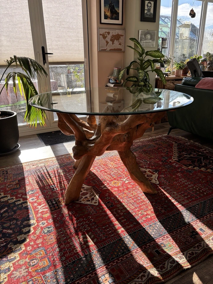 Teak Root Dining Table Glass Top - Image 3 of 4