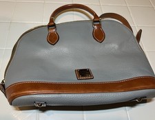 Dooney Bourke Pebbled Gray/Brown Zip Satchel Detachable Strap Red Lining