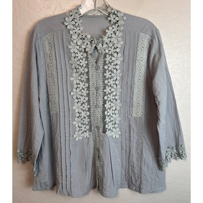 Lavender Tribe Stellan Lace Mock Neck Blue Crochet Pintuck Button Blouse M 2245