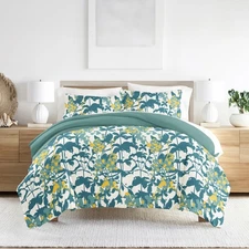 Noble Linens Teal Boho Flower Reversible 3-Piece Duvet Cover Set, Full/Queen