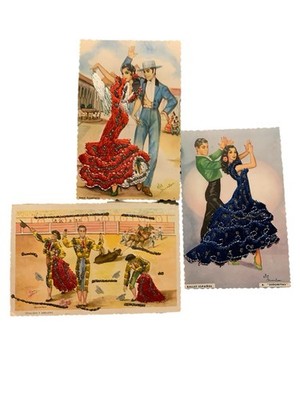 AOP Spain vintage postcard with real  Embroidered clothes Flamenco Baile