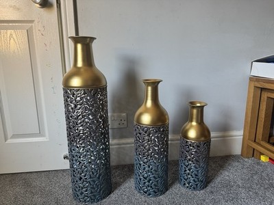 3er Set Metall Bodenvasen gold grau verziert groß Deko Wohndeko