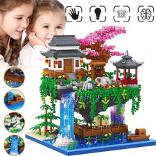 Micro Bausteine Pfirsichblüten Teich Architektur Baumhaus Klemmbausteine mit LED