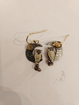 Tri Tone Perched Hoot Owl Moon Earrings Pierced Enamel Drop Fun Equinox