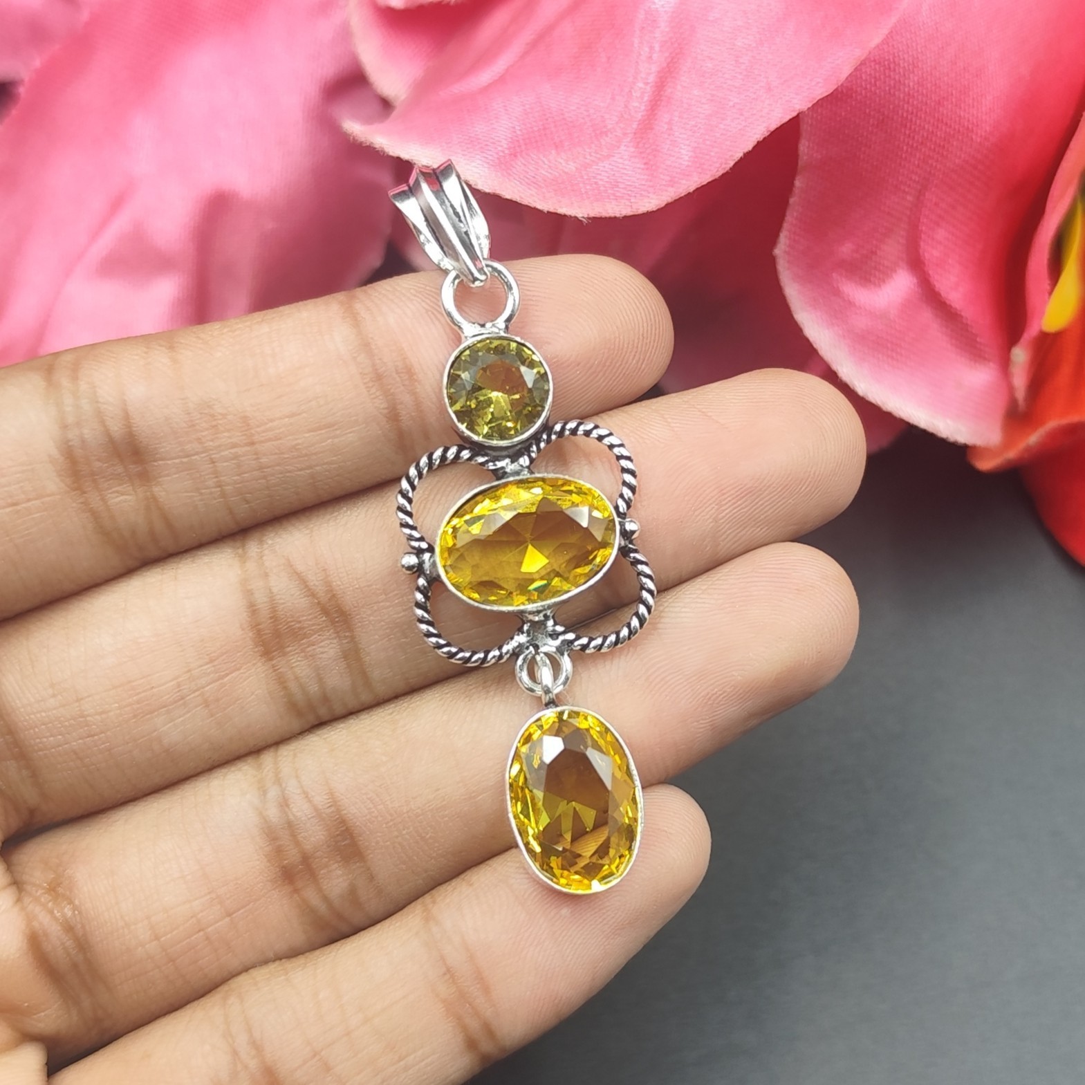 Yellow Citrine Gemstone Handmade 925 Sterling Silver Jewelry Pendant Size-2.25