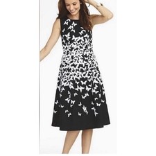 Talbots Petites Black White Butterfly Matelasse Fit and Flare Dress 8P