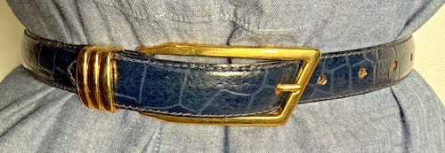 Vintage 90s Navy Leather Belt Size XS Embossed Croc Gold Toned Buckle Made Italy