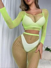 FISHNET SET CROP TOP LONG SLEEVES STOCKINGS NEON EXOTIC DANCER STRIPPER RAVE
