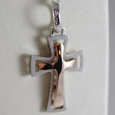 18K ROSE WHITE GOLD CROSS, SHINY BRIGHT AND SATIN, 1.06 INCHES, MADE IN ITALY 