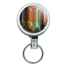 Guitars Electric Acoustic Rock and Roll Retractable Belt Clip Badge Key Holder