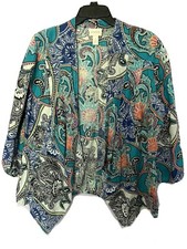 CHICO  s Linen Jacket Open Front Long Sleeves Blue White Floral Size 2  L 12