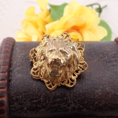 Vintage Signed Miriam Haskell Lions Head Miniature Gold Tone Pin Brooch