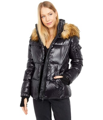 S13 X6102 Womens Black Kylie Down Puffer Faux Fur Hooded Jacket Size M