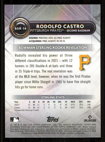 2022 Bowman Sterling Rookies #BSR14 Rodolfo Castro - Picture 2 of 2