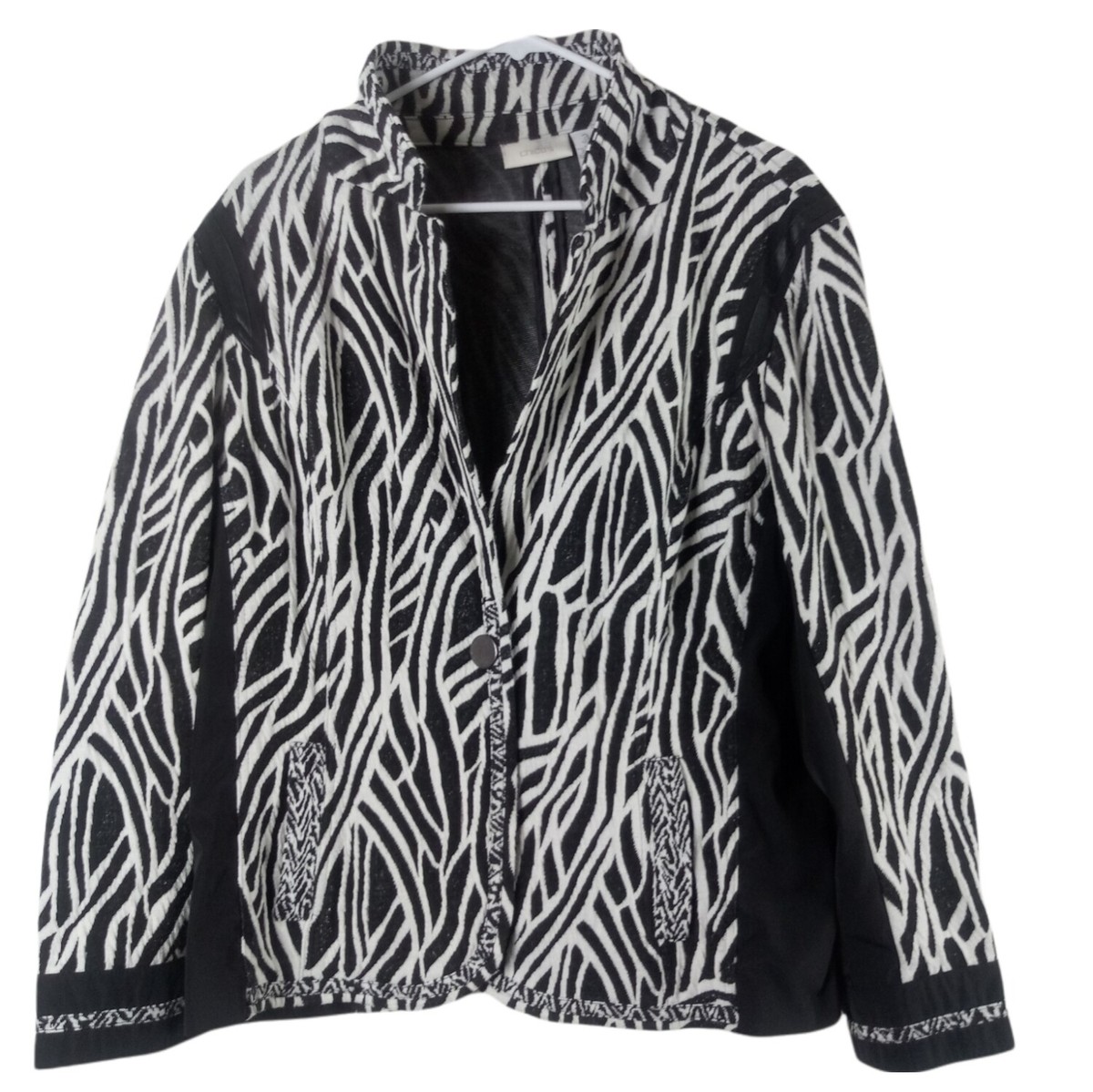 Chicos Zebra Print Mixed Media Jacket Textured Single Button Chicos Zebra Print Mixed Media Jacket Textured Single Button