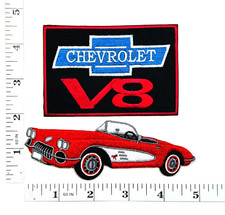 Embroidered 2-Patch Set - Vintage Red Corvette - Chevy V-8 - Iron-on