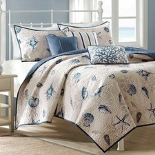 Blue Tan Beige Seashell Beach 6pc Quilt Set Twin XL Full Queen King Bed Coverlet