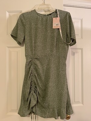 missguided dress green Ruched Side Tea Dalmatian Size 6 New Neck Green Boho Long