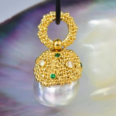 Gigantische South Sea Pearl Pendant Gold Vermeil Sterling, Diamant Beine Smaragd - Bild 1 von 4