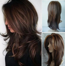 Women Dark Brown w/Gold Highlight Ombre Shoulder Length Curly Hair Wig  //////