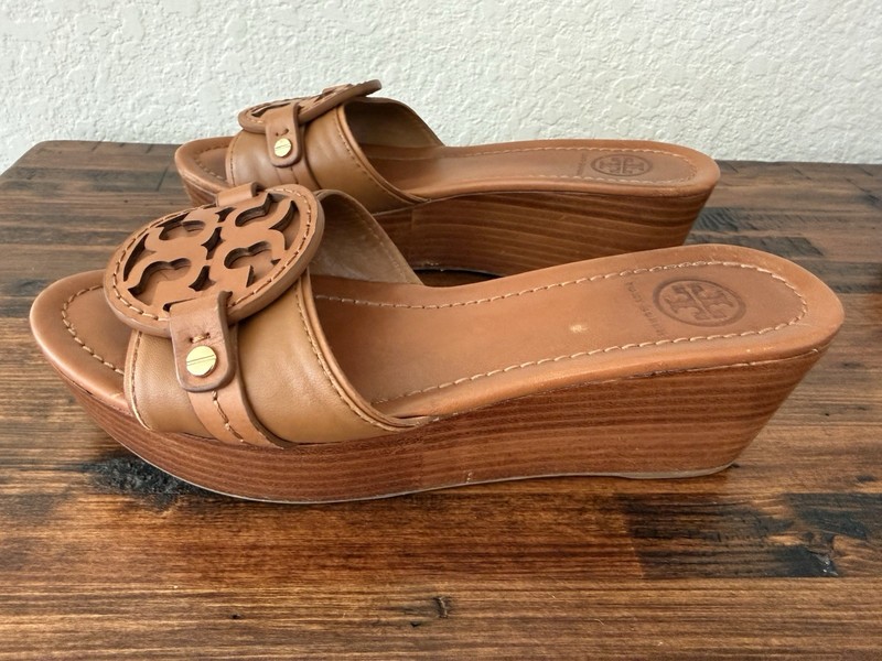 Tory Burch Women's Brown Logo Slide Sandals Slip On Open Toe Wedge