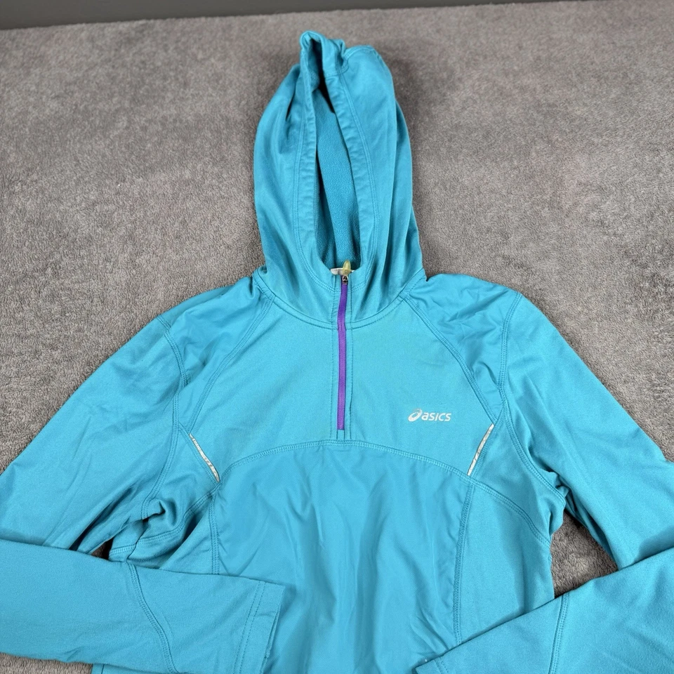 ASICS рубашка женщин большой синий 1/4 молнии работает отверстия для пальцев эластичной пуловер толстовка с капюшоном - Изображение 2 из 4