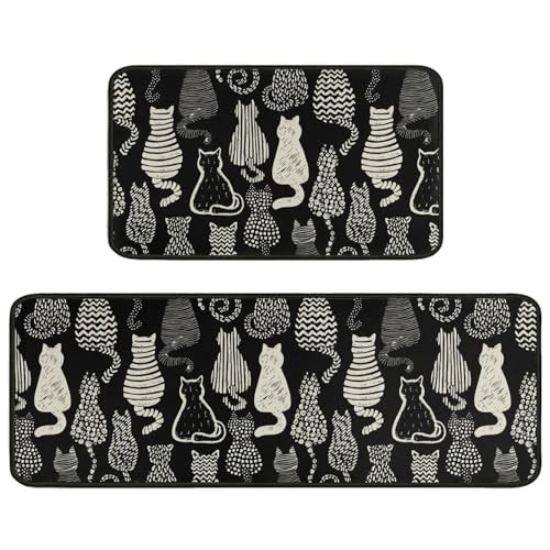Cute Black Country Kitchen Rugs Set of 2 with Farmhouse Cat Design
