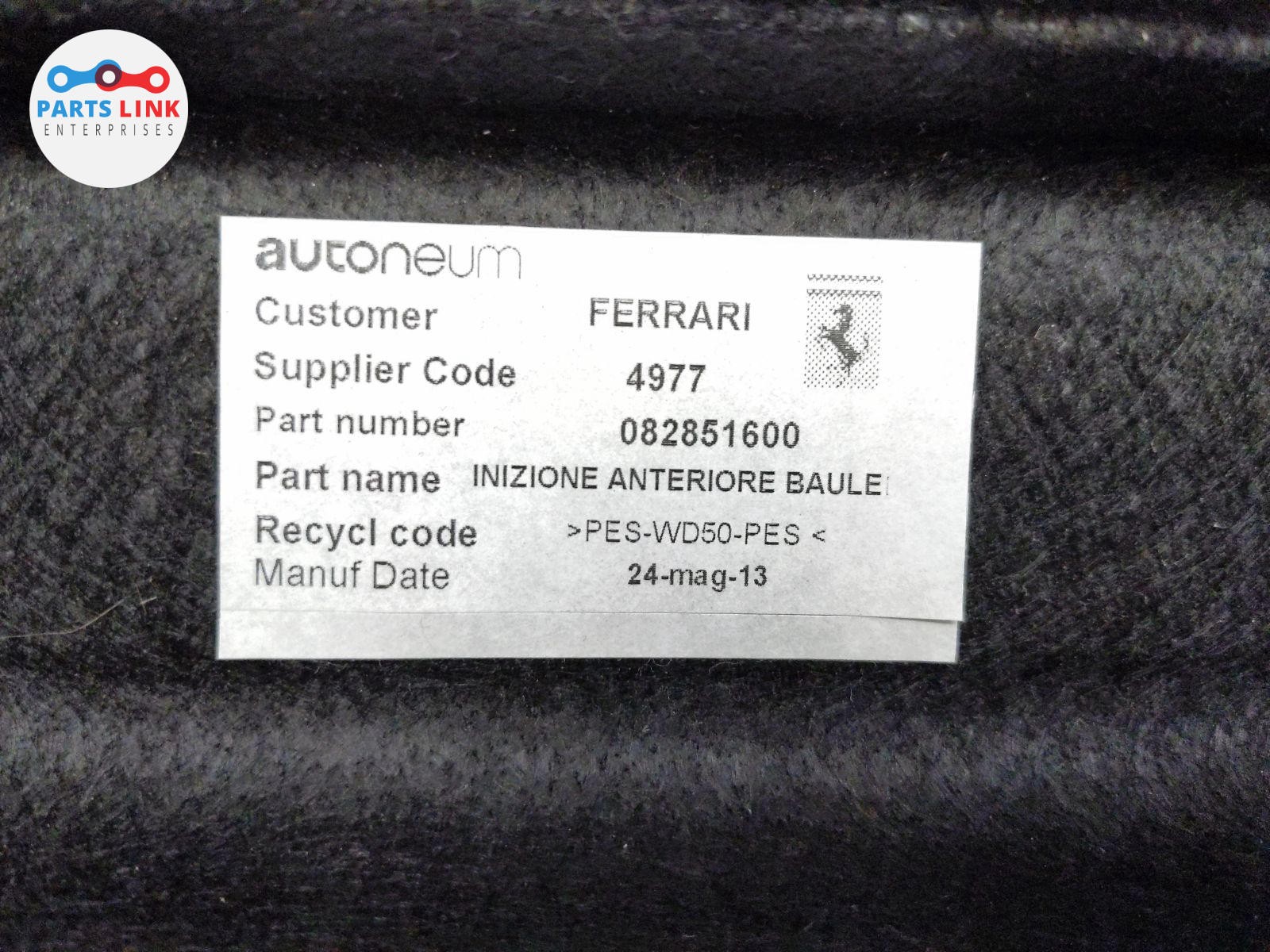 2012-14 FERRARI CALIFORNIA TRUNK CONVERTIBLE CARPET TRIM SEPARATOR PANEL F149