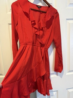 knee length dresses for ladies Red Long Sleeve Wrap Mini Dress