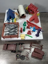 Large Lot Of Vintage Plastic Cowboys And Indians Figures With 3 Wagons