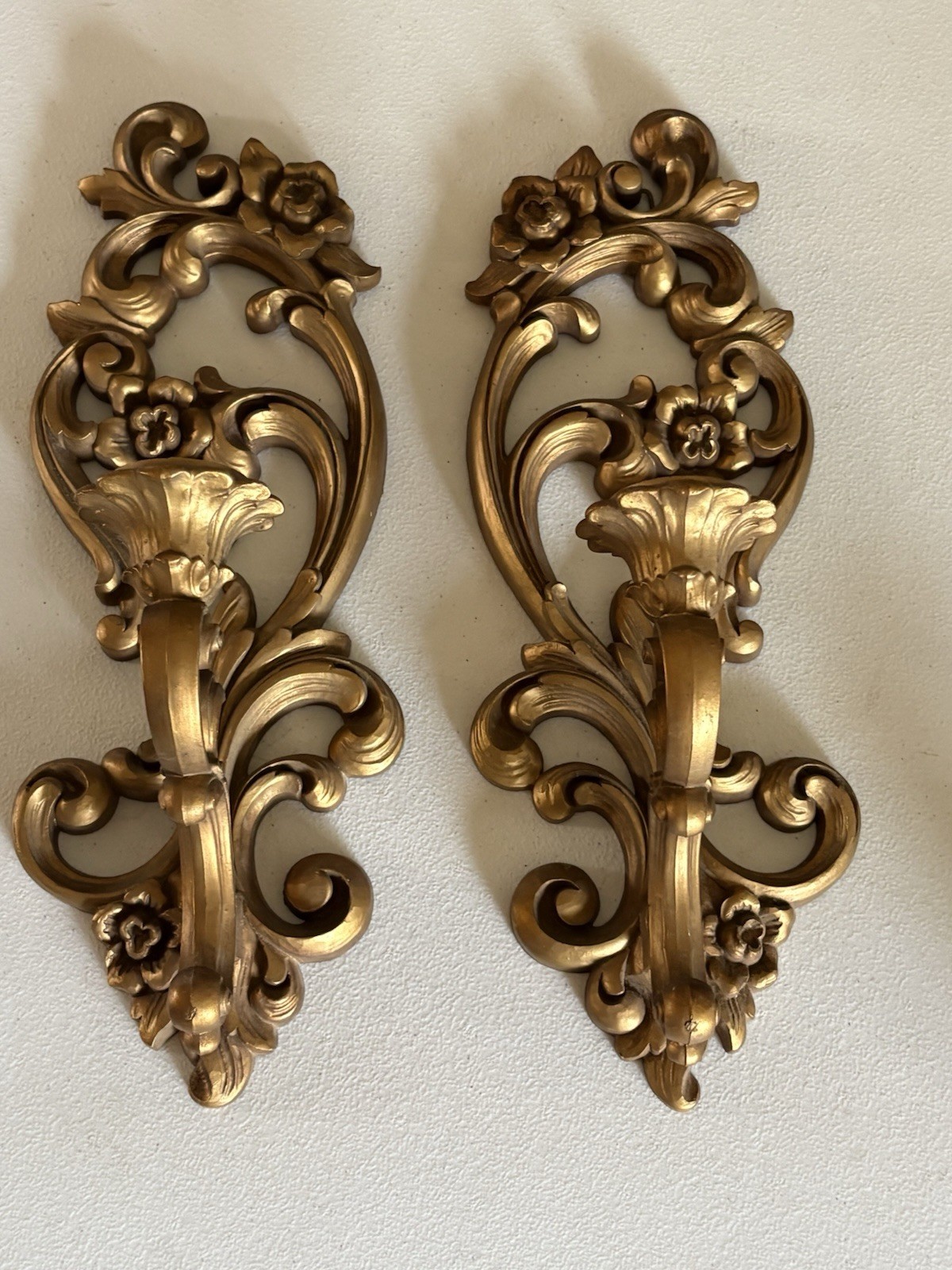 Vintage Pair Of HOMCO Gold Ornate Floral Wall Sconce Candle Holder Regency 4118