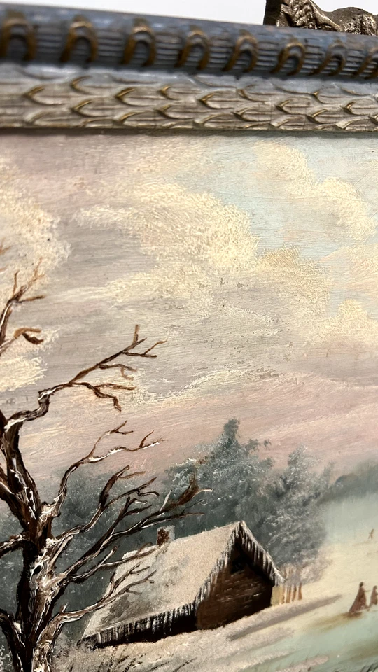 Una puesta de sol helada, invernal, nevada - pintura al óleo sobre tablero de academia. 14,25" x 11" Foto 3 de 4