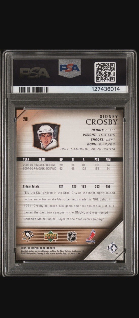 2005-06 Upper Deck Sidney Crosby Young Guns Rookie Card #201 Graded PSA 9 MINT view 3