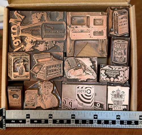 Letterpress Copper Cuts On Wood Block, Kitchen Goods (Lot of 12).