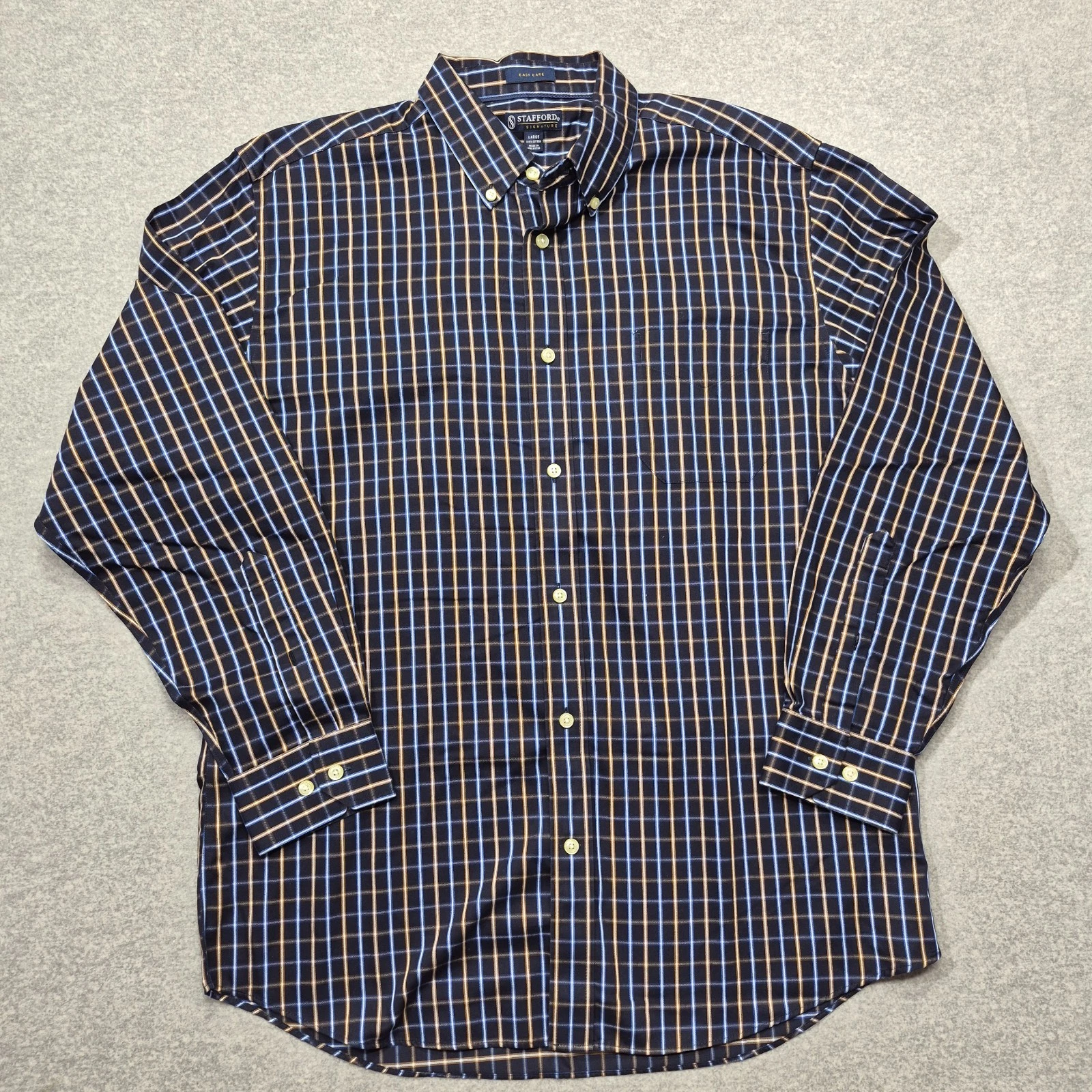Stafford Signature Mens Shirt L Blue Yellow Plaid Button Down Wrinkle Iron Free image 1