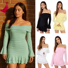 Women Strapless Ruched Bardot Party Skater Bodycon Mini Dress Free Postage