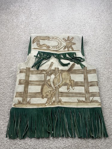 VTG Western Mexican Suede Leather Vest Large Pyrography Art Handmade Fringe
