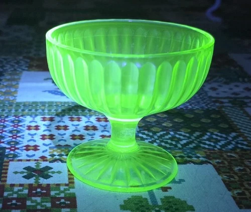 Vintage Uranium Vaseline Depression Glass Parfait Dish Compote 3.5" W x 3" Tall