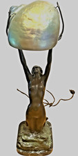 Art Nouveau bronze nude mermaid lamp Marina Paris 23 Carl Radke shell shade