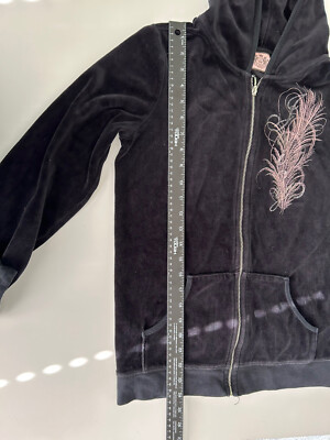 Juicy Couture Black Velour Full Zip Hoodie Front Back Print Plus
