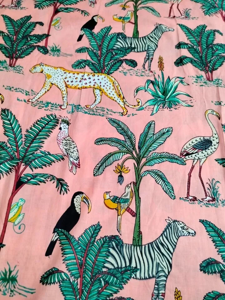 Tela de costura de tela de algodón estampada a mano animal melocotón indio de 25 yardas Foto 3 de 4