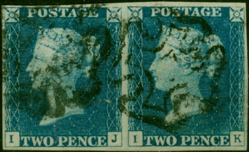 GB 1840 2d Blu Pallido SG5 (I-J e I-K) Pl.1 V.F.U Coppia Nero MX Scarso