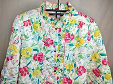 Vtg Leisure Life Housecoat Robe Womens M/L Quilted Pink Floral Snap Front Ruffle