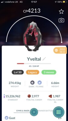 Pokémon Trade Go Level 50 - Yvetal 3 Moves mit Legacy Move Vergessensflügel