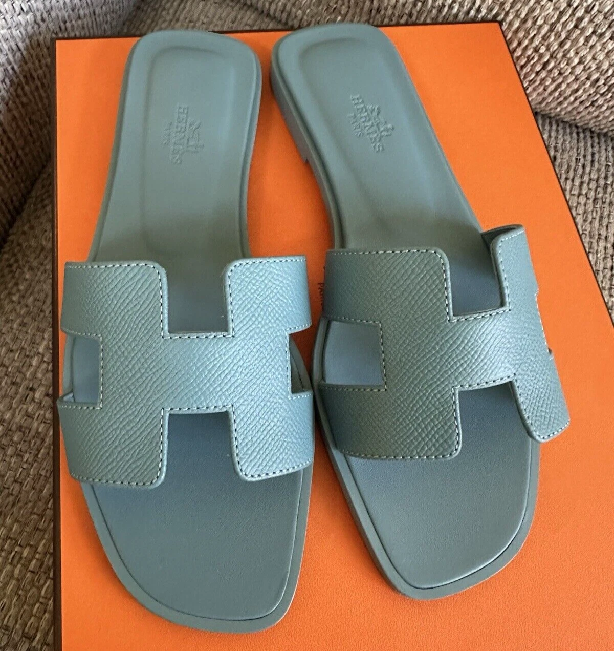 Size 38EU NEW HERMÈS Blue Mineral Epsom Oran Sandals