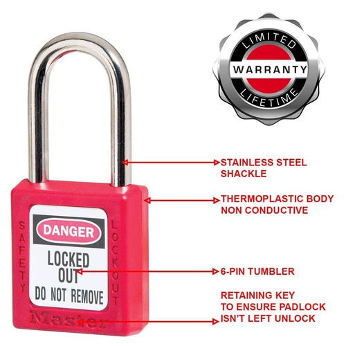 Master Lock Red Lockout Tagout Safety Padlock with Key, Metal Shackle and... - Picture 2 of 9
