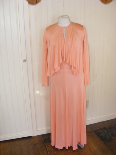 1970 GOWN MAXI SCOTT BARRIE SAKS PEACH RAYON JERSEY 2 PC SLINKY DISCO ERA DRESS - Picture 3 of 13