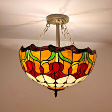 Tiffany Style Ceiling Lights Stained Glass Red Tulips LED Bulbs 16"H 16"W 16"D