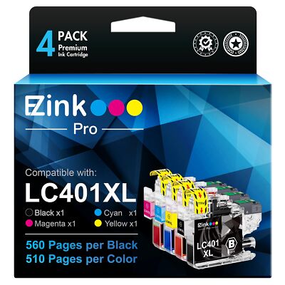 E ZInk Pro LC401XL 4 Pack Ink Cartridges for Brother Printers High Yield